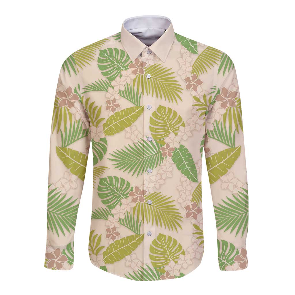 Beige Hawaii Plumeria Lei With Tropical Leaves Long Sleeve Button Shirt LT14 Unisex Beige - Polynesian Pride