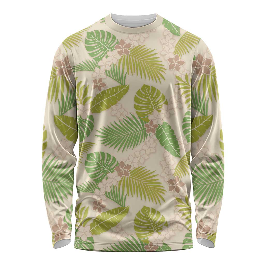 Beige Hawaii Plumeria Lei With Tropical Leaves Long Sleeve Shirt LT14 Unisex Beige - Polynesian Pride