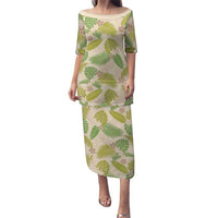 Beige Hawaii Plumeria Lei With Tropical Leaves Puletasi LT14 Long Dress Beige - Polynesian Pride