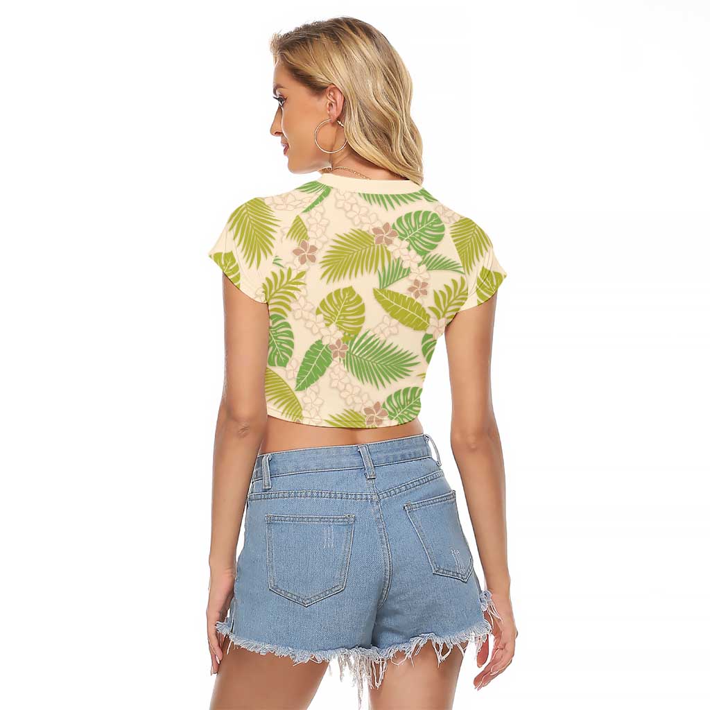 Beige Hawaii Plumeria Lei With Tropical Leaves Raglan Cropped T Shirt LT14 - Polynesian Pride