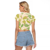 Beige Hawaii Plumeria Lei With Tropical Leaves Raglan Cropped T Shirt LT14 - Polynesian Pride