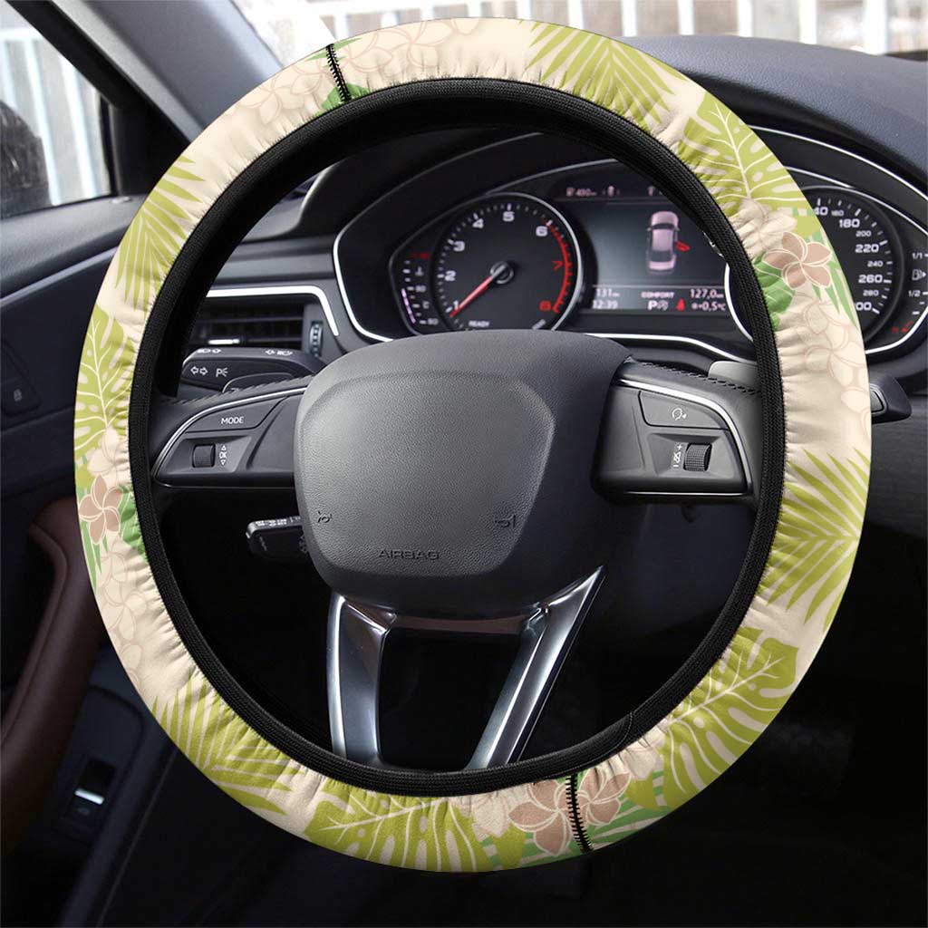 Beige Hawaii Plumeria Lei With Tropical Leaves Steering Wheel Cover LT14 - Polynesian Pride
