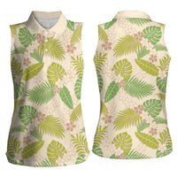 Beige Hawaii Plumeria Lei With Tropical Leaves Women Sleeveless Polo Shirt