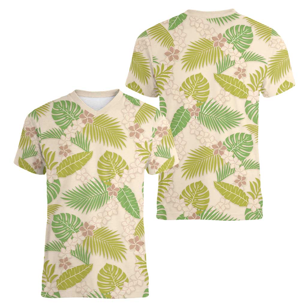 Beige Hawaii Plumeria Lei With Tropical Leaves Women V-Neck T-Shirt LT14 - Polynesian Pride