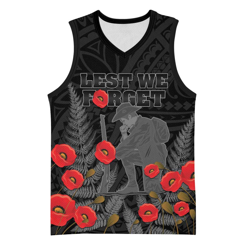 Personalised New Zealand ANZAC Day Basketball Jersey Lest We Forget Soldier Memorial LT15 Unisex Black - Polynesian Pride