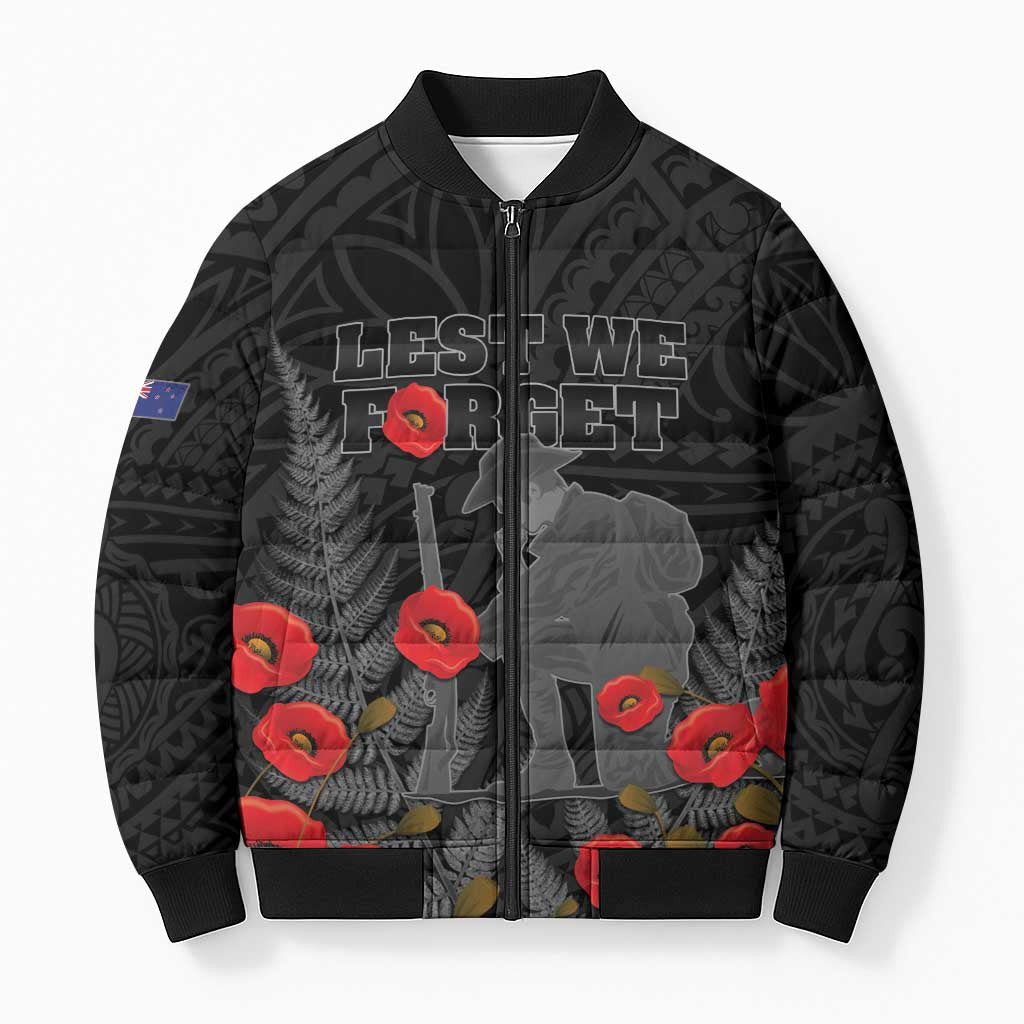 Personalised New Zealand ANZAC Day Bomber Puffer Jacket Lest We Forget Soldier Memorial LT15 Unisex Black - Polynesian Pride