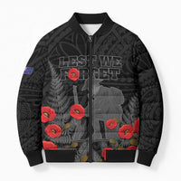 Personalised New Zealand ANZAC Day Bomber Puffer Jacket Lest We Forget Soldier Memorial LT15 Unisex Black - Polynesian Pride