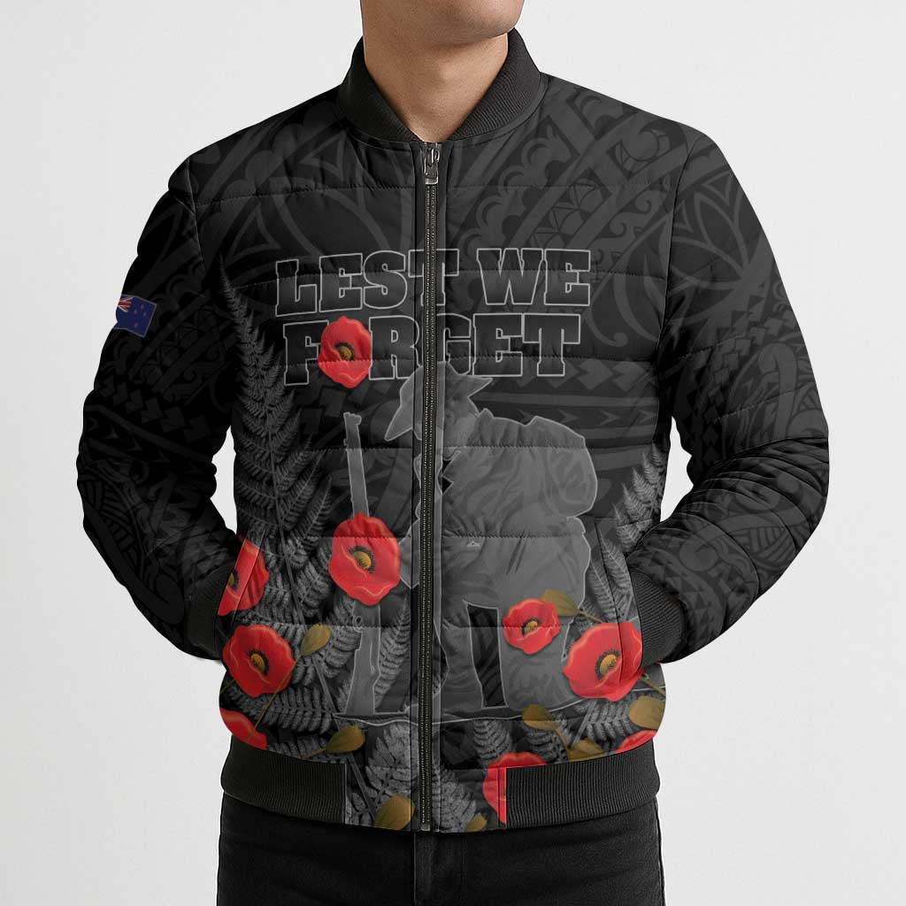 Personalised New Zealand ANZAC Day Bomber Puffer Jacket Lest We Forget Soldier Memorial LT15 - Polynesian Pride