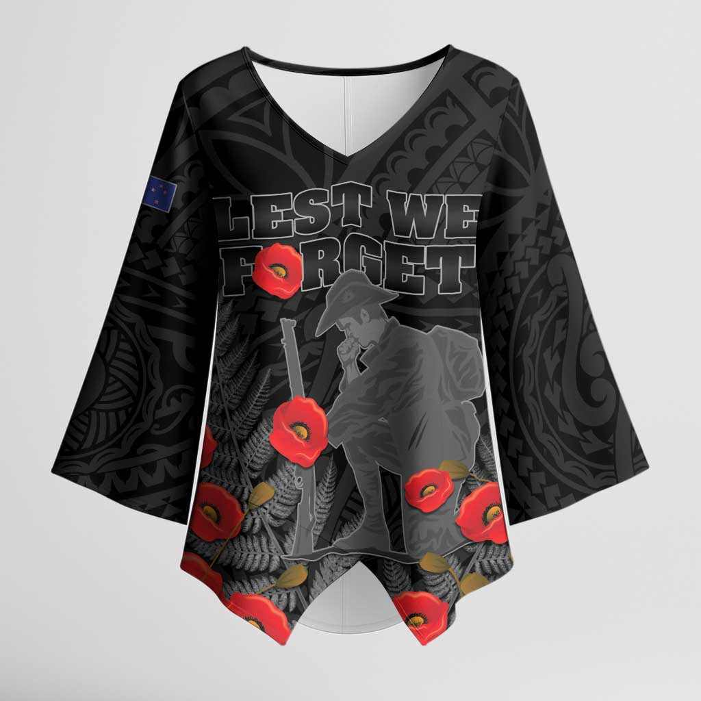Personalised New Zealand ANZAC Day Kimono Sleeve Blouse Lest We Forget Soldier Memorial LT15 Female Black - Polynesian Pride