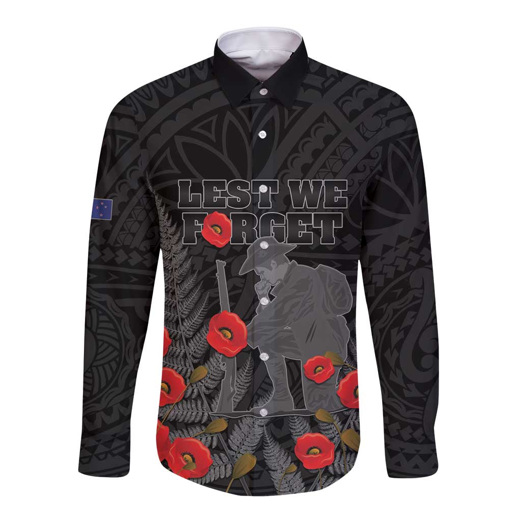 Personalised New Zealand ANZAC Day Long Sleeve Button Shirt Lest We Forget Soldier Memorial LT15 Unisex Black - Polynesian Pride