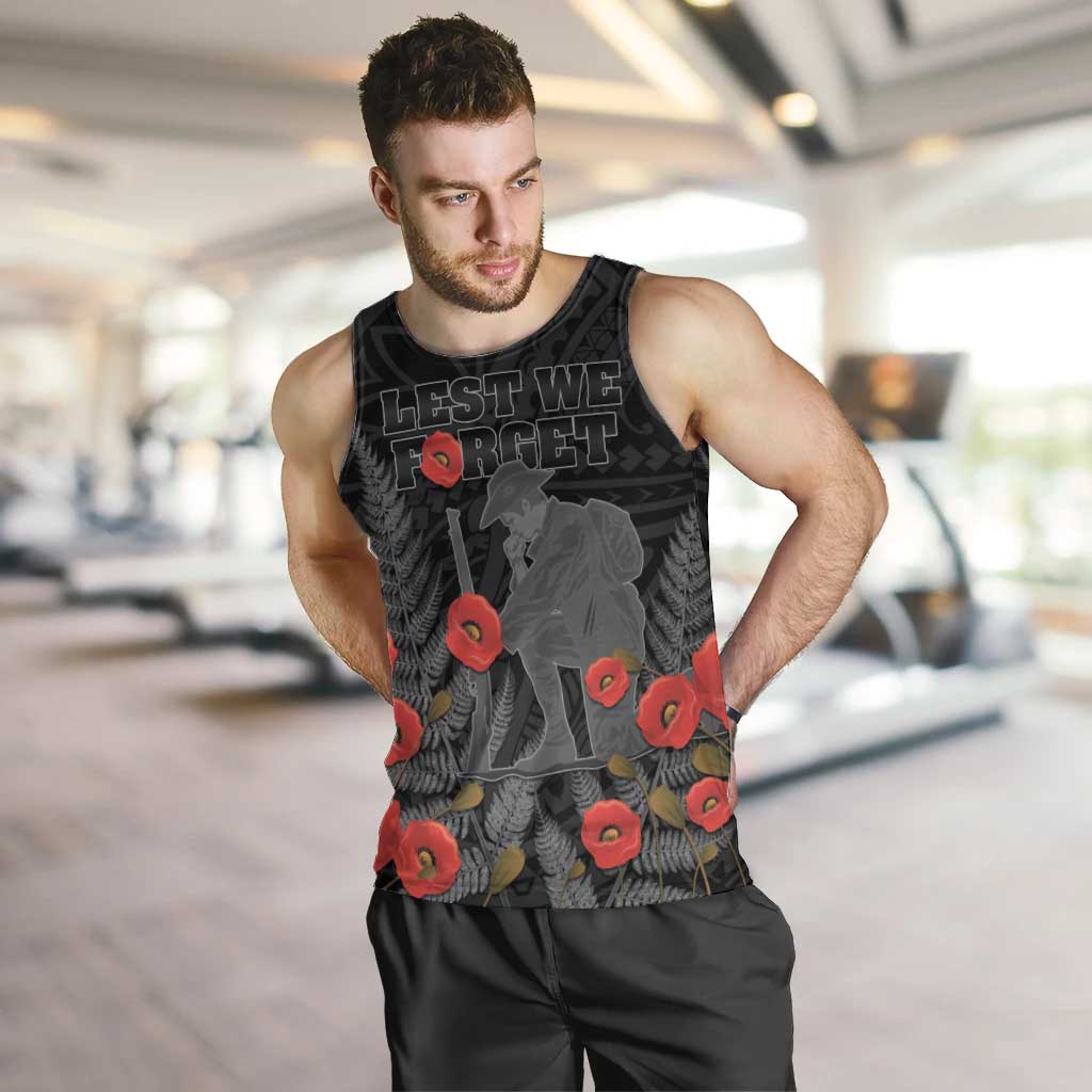 Personalised New Zealand ANZAC Day Men Tank Top Lest We Forget Soldier Memorial LT15 Black - Polynesian Pride