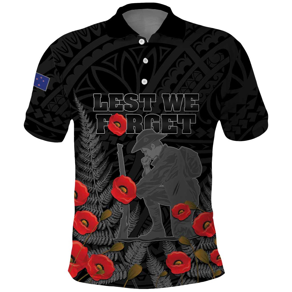 Personalised New Zealand ANZAC Day Polo Shirt Lest We Forget Soldier Memorial LT15 Black - Polynesian Pride