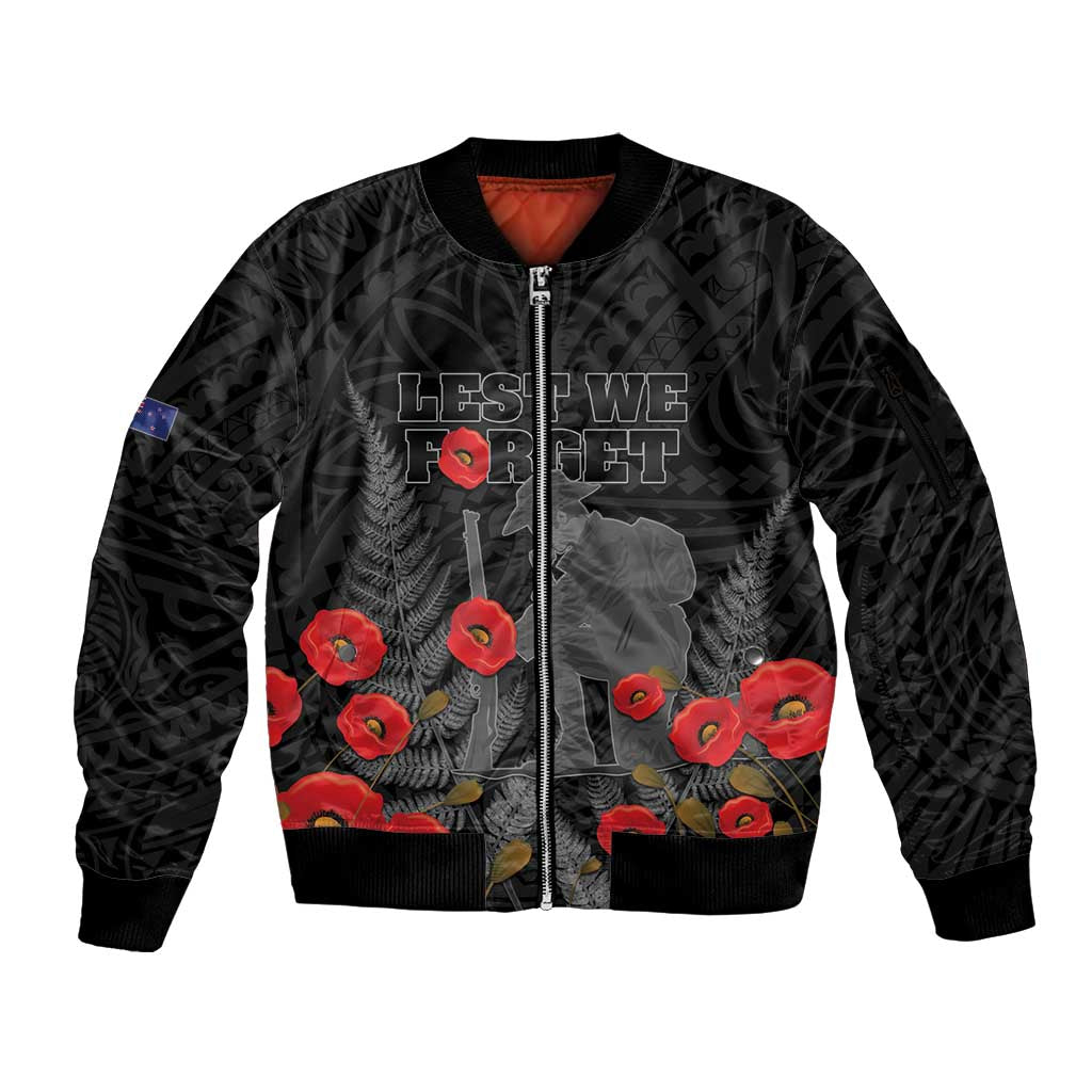 Personalised New Zealand ANZAC Day Sleeve Zip Bomber Jacket Lest We Forget Soldier Memorial LT15 Unisex Black - Polynesian Pride