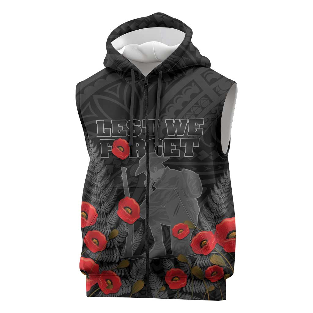 Personalised New Zealand ANZAC Day Sleeveless Zip Hoodie Lest We Forget Soldier Memorial LT15 Black - Polynesian Pride