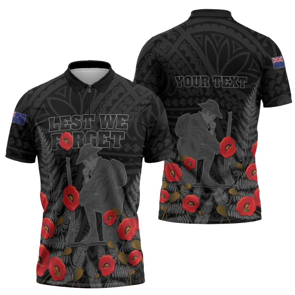 Personalised New Zealand ANZAC Day Zipper Polo Shirt Lest We Forget Soldier Memorial