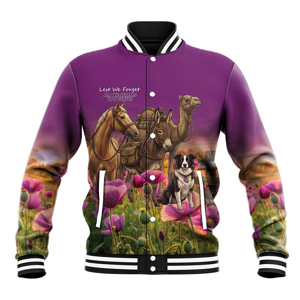ANZAC Day Baseball Jacket Lest We Forget The Animals Of War LT15 Unisex Purple - Polynesian Pride