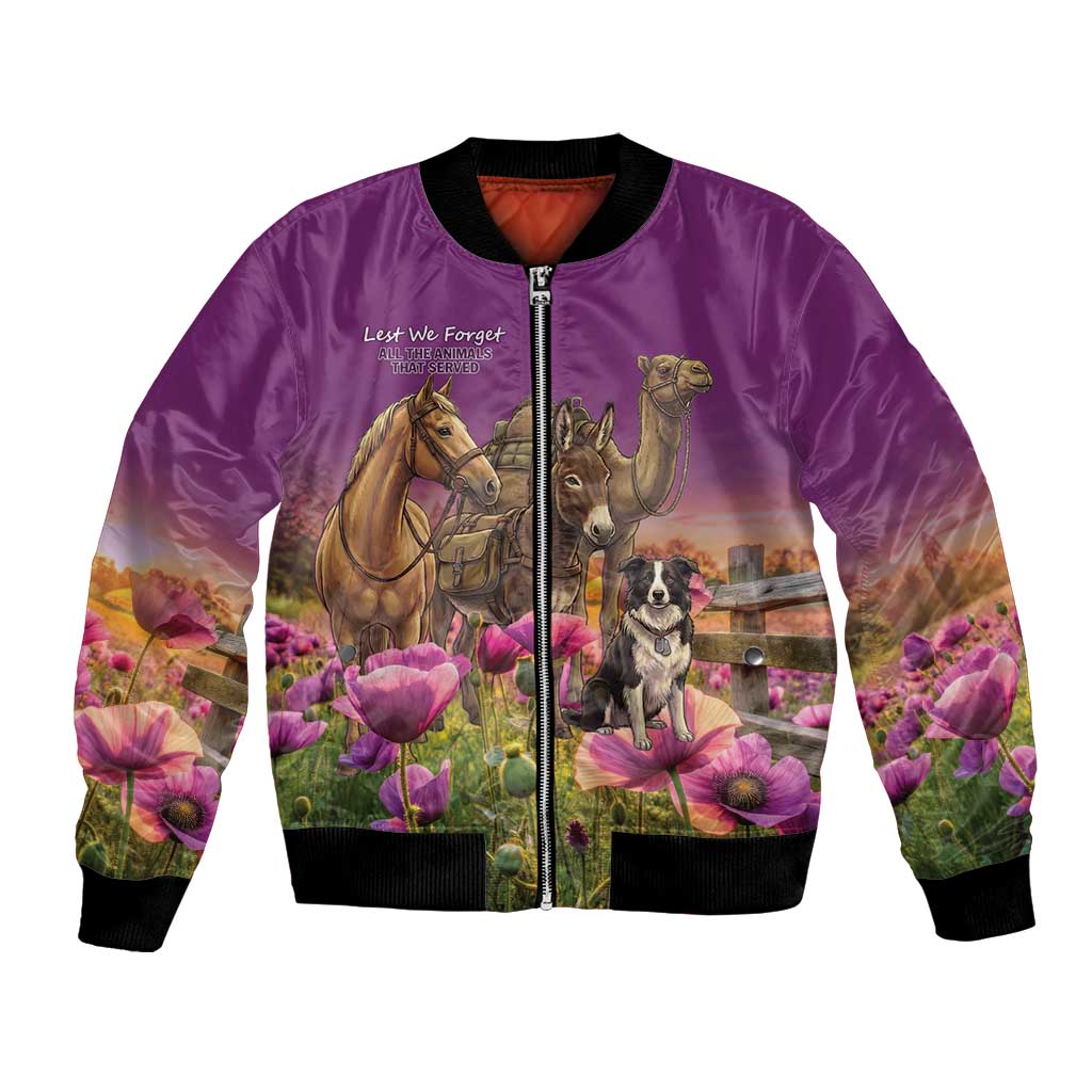 ANZAC Day Bomber Jacket Lest We Forget The Animals Of War LT15 Unisex Purple - Polynesian Pride