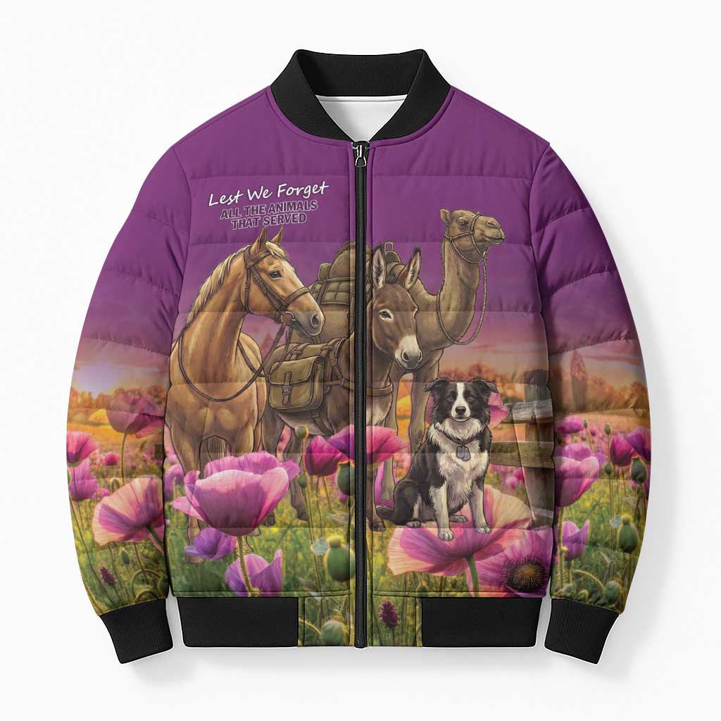 ANZAC Day Bomber Puffer Jacket Lest We Forget The Animals Of War LT15 Unisex Purple - Polynesian Pride