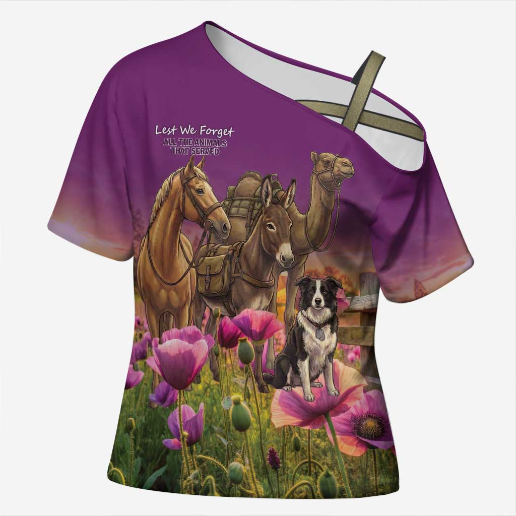 ANZAC Day Cross Shoulder Shirt Lest We Forget The Animals Of War LT15 Female Purple - Polynesian Pride
