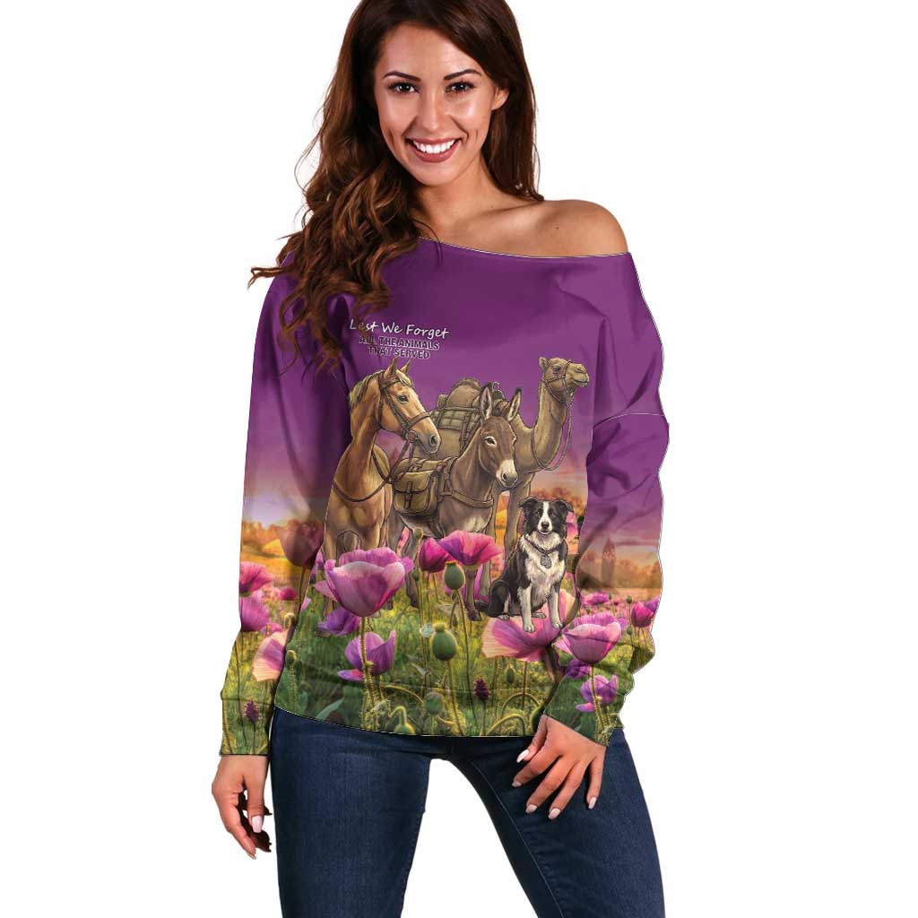 ANZAC Day Off Shoulder Sweater Lest We Forget The Animals Of War LT15 Women Purple - Polynesian Pride