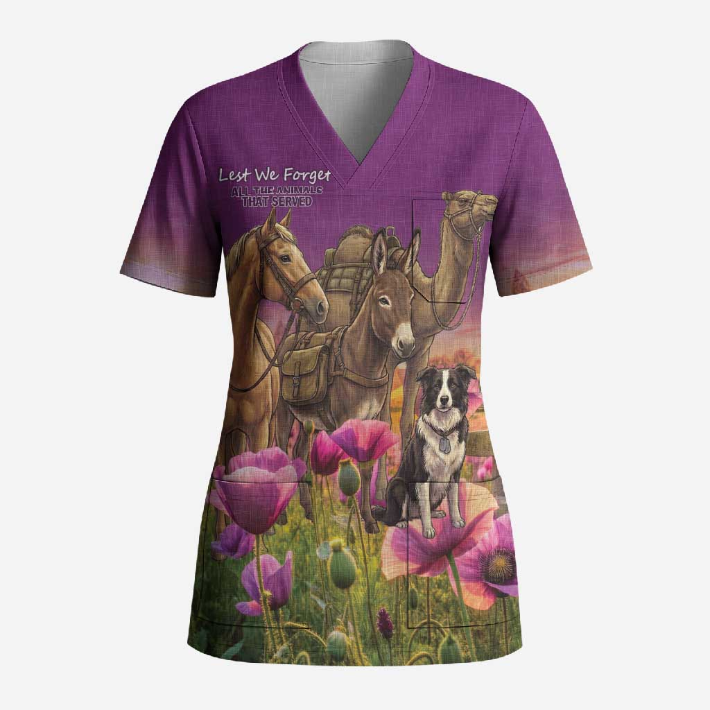 ANZAC Day Scrub Top Lest We Forget The Animals Of War LT15 Adult Purple - Polynesian Pride