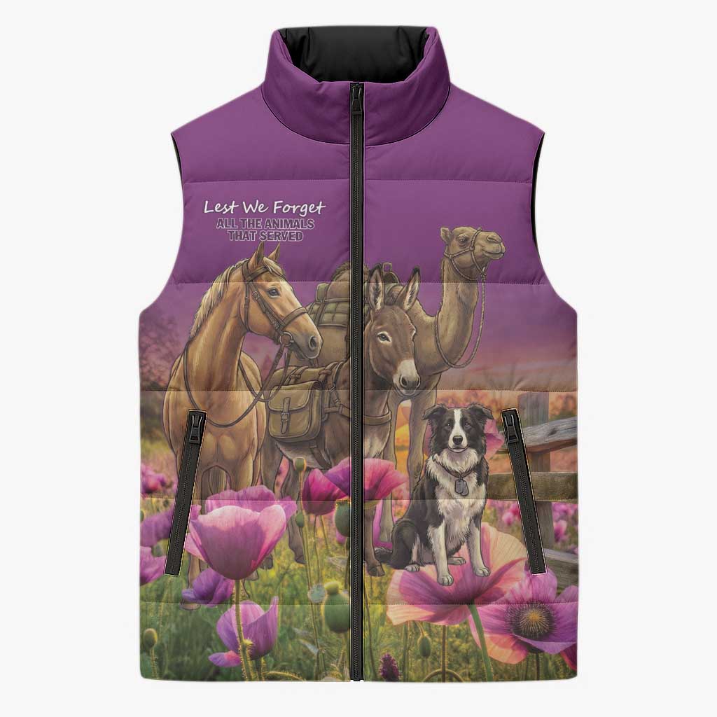 ANZAC Day Sleeveless Puffer Jacket Lest We Forget The Animals Of War LT15 Unisex Purple - Polynesian Pride
