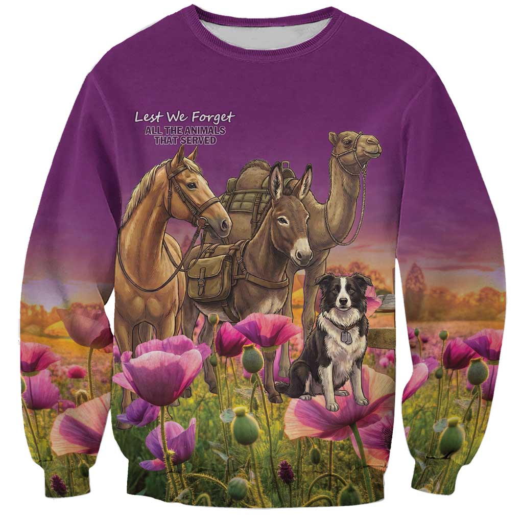 ANZAC Day Sweatshirt Lest We Forget The Animals Of War LT15 Unisex Purple - Polynesian Pride