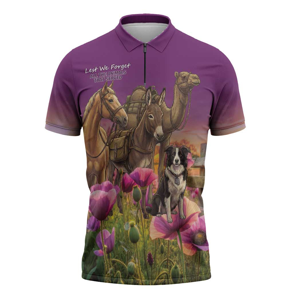 ANZAC Day Zipper Polo Shirt Lest We Forget The Animals Of War LT15 Purple - Polynesian Pride