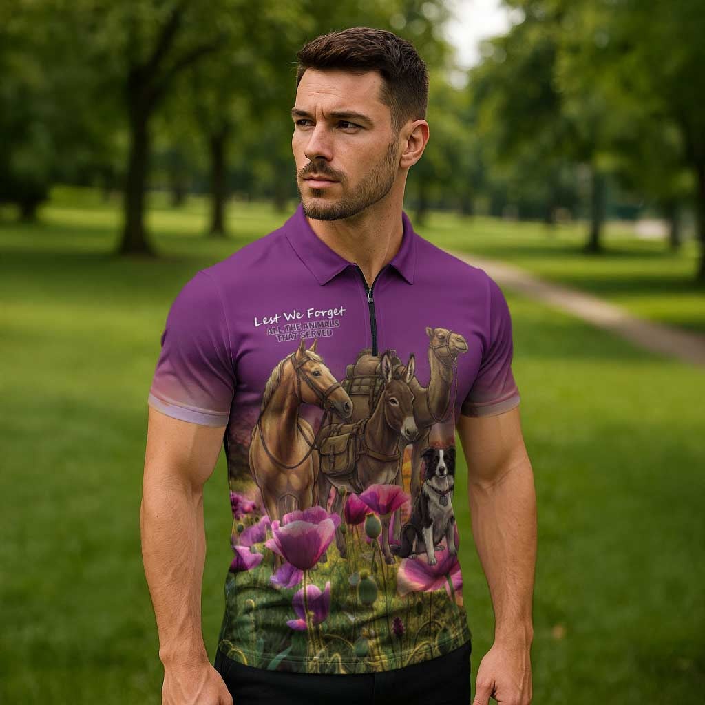 ANZAC Day Zipper Polo Shirt Lest We Forget The Animals Of War LT15 - Polynesian Pride