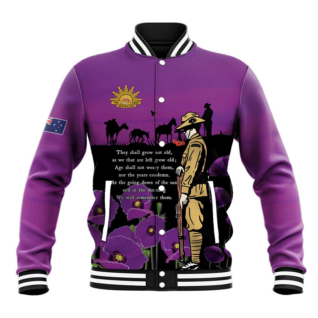 ANZAC Soldier and War Animals Baseball Jacket We Will Remember Them LT15 Unisex Purple - Polynesian Pride