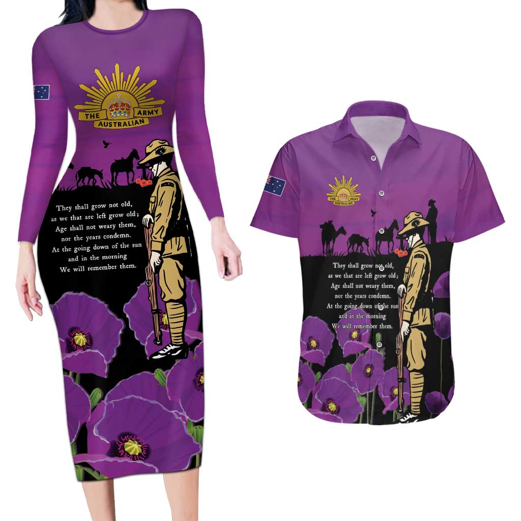 ANZAC Soldier and War Animals Couples Matching Long Sleeve Bodycon Dress and Hawaiian Shirt We Will Remember Them LT15 Purple - Polynesian Pride