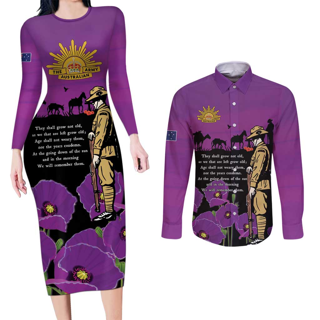 ANZAC Soldier and War Animals Couples Matching Long Sleeve Bodycon Dress and Long Sleeve Button Shirt We Will Remember Them LT15 Purple - Polynesian Pride