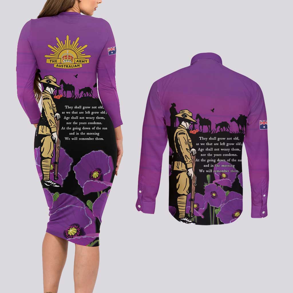 ANZAC Soldier and War Animals Couples Matching Long Sleeve Bodycon Dress and Long Sleeve Button Shirt We Will Remember Them LT15 - Polynesian Pride