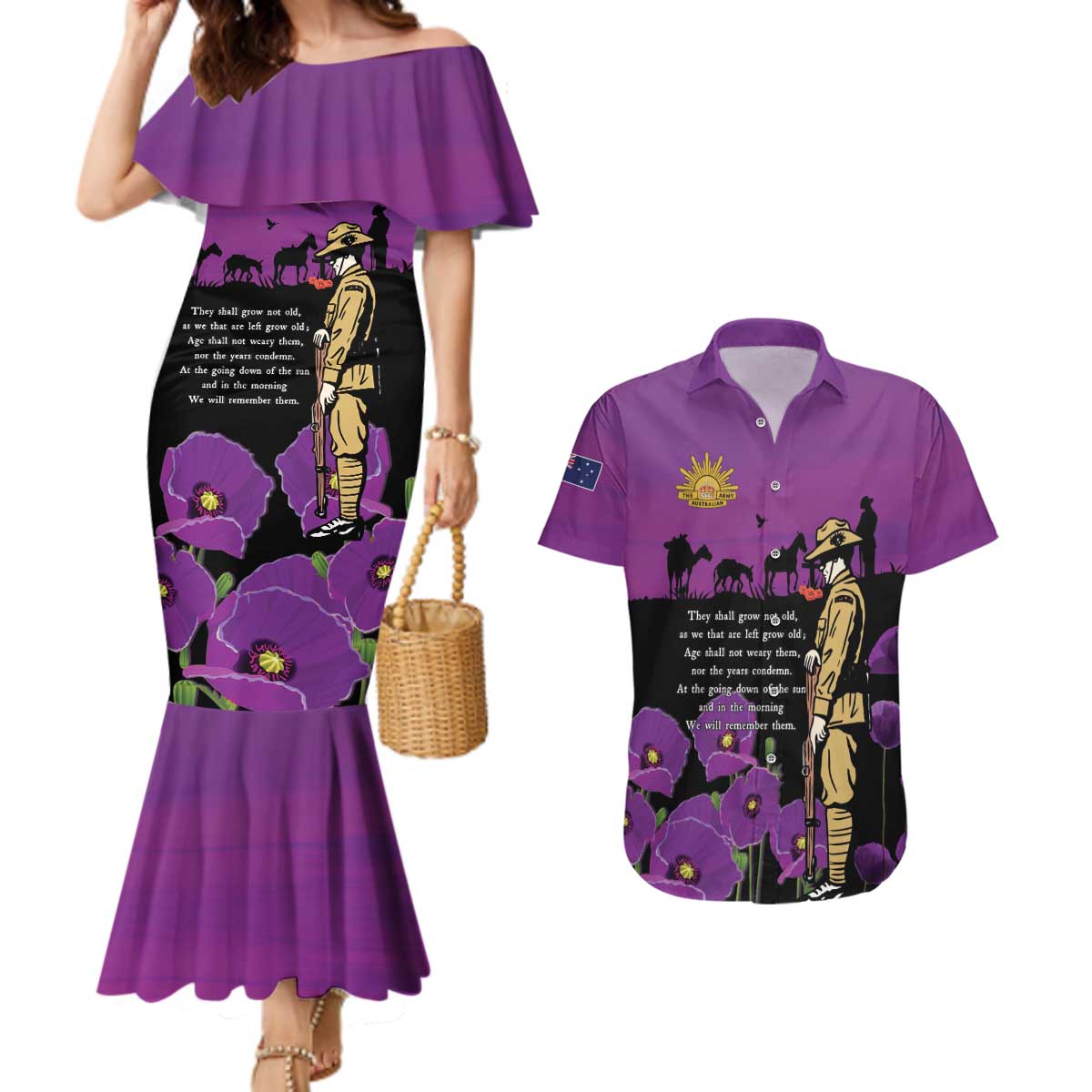 ANZAC Soldier and War Animals Couples Matching Mermaid Dress and Hawaiian Shirt We Will Remember Them LT15 Purple - Polynesian Pride