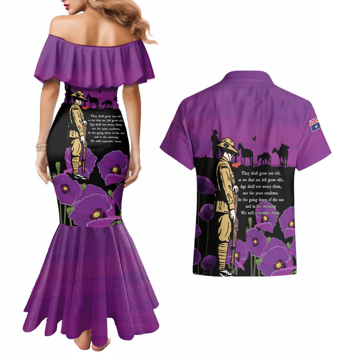 ANZAC Soldier and War Animals Couples Matching Mermaid Dress and Hawaiian Shirt We Will Remember Them LT15 - Polynesian Pride