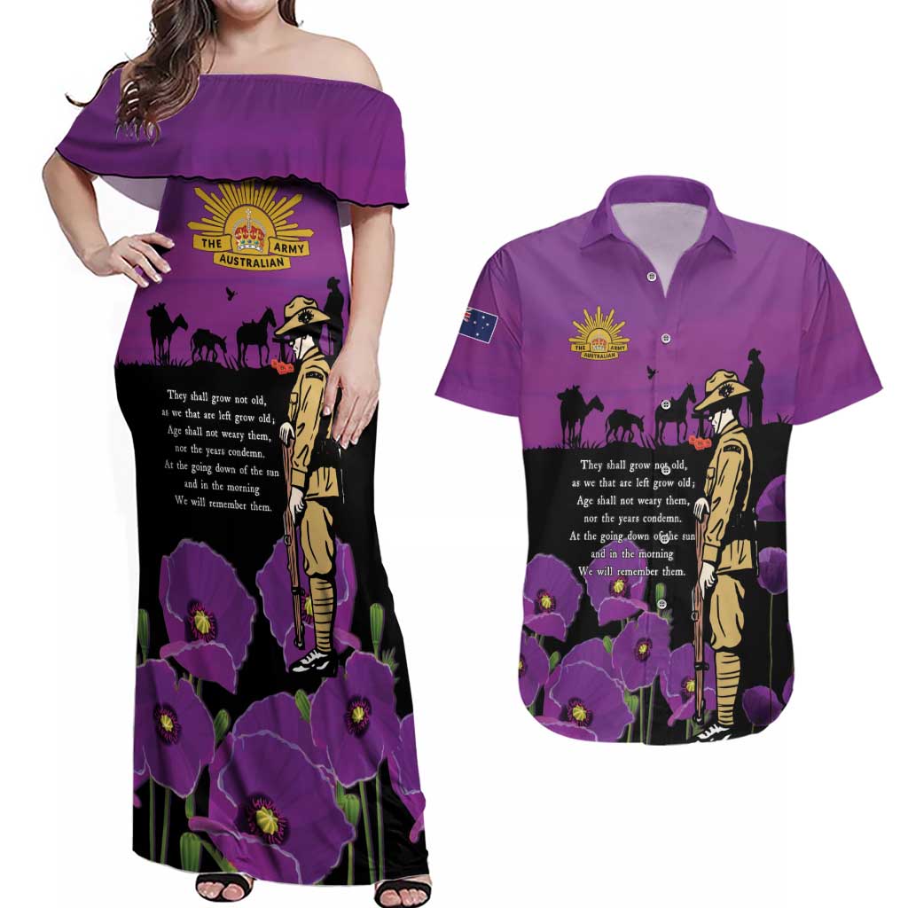 ANZAC Soldier and War Animals Couples Matching Off Shoulder Maxi Dress and Hawaiian Shirt We Will Remember Them LT15 Purple - Polynesian Pride