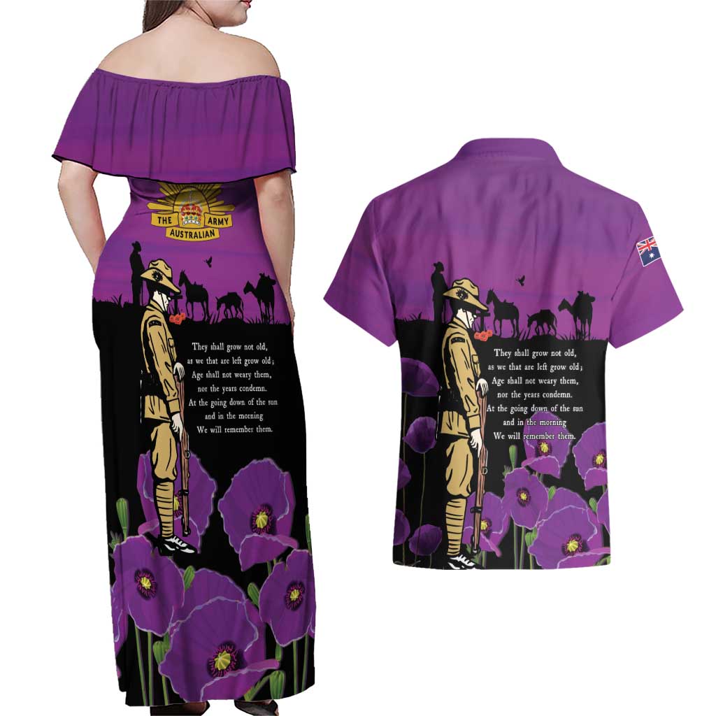 ANZAC Soldier and War Animals Couples Matching Off Shoulder Maxi Dress and Hawaiian Shirt We Will Remember Them LT15 - Polynesian Pride