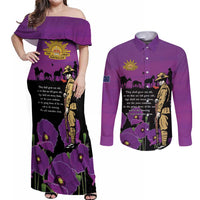 ANZAC Soldier and War Animals Couples Matching Off Shoulder Maxi Dress and Long Sleeve Button Shirt We Will Remember Them LT15 Purple - Polynesian Pride
