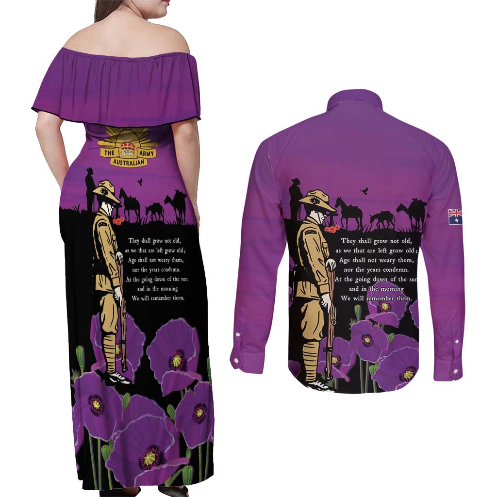 ANZAC Soldier and War Animals Couples Matching Off Shoulder Maxi Dress and Long Sleeve Button Shirt We Will Remember Them LT15 - Polynesian Pride