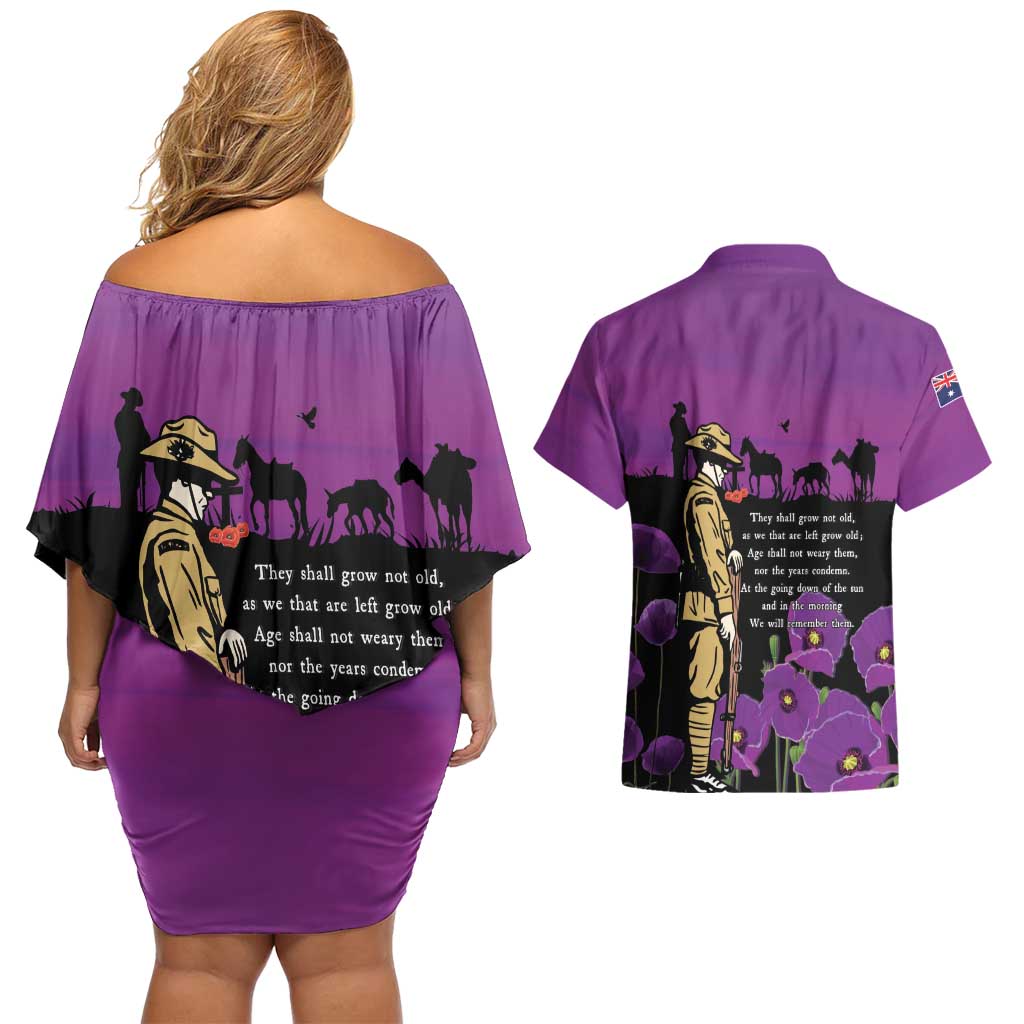 ANZAC Soldier and War Animals Couples Matching Off Shoulder Short Dress and Hawaiian Shirt We Will Remember Them LT15 - Polynesian Pride