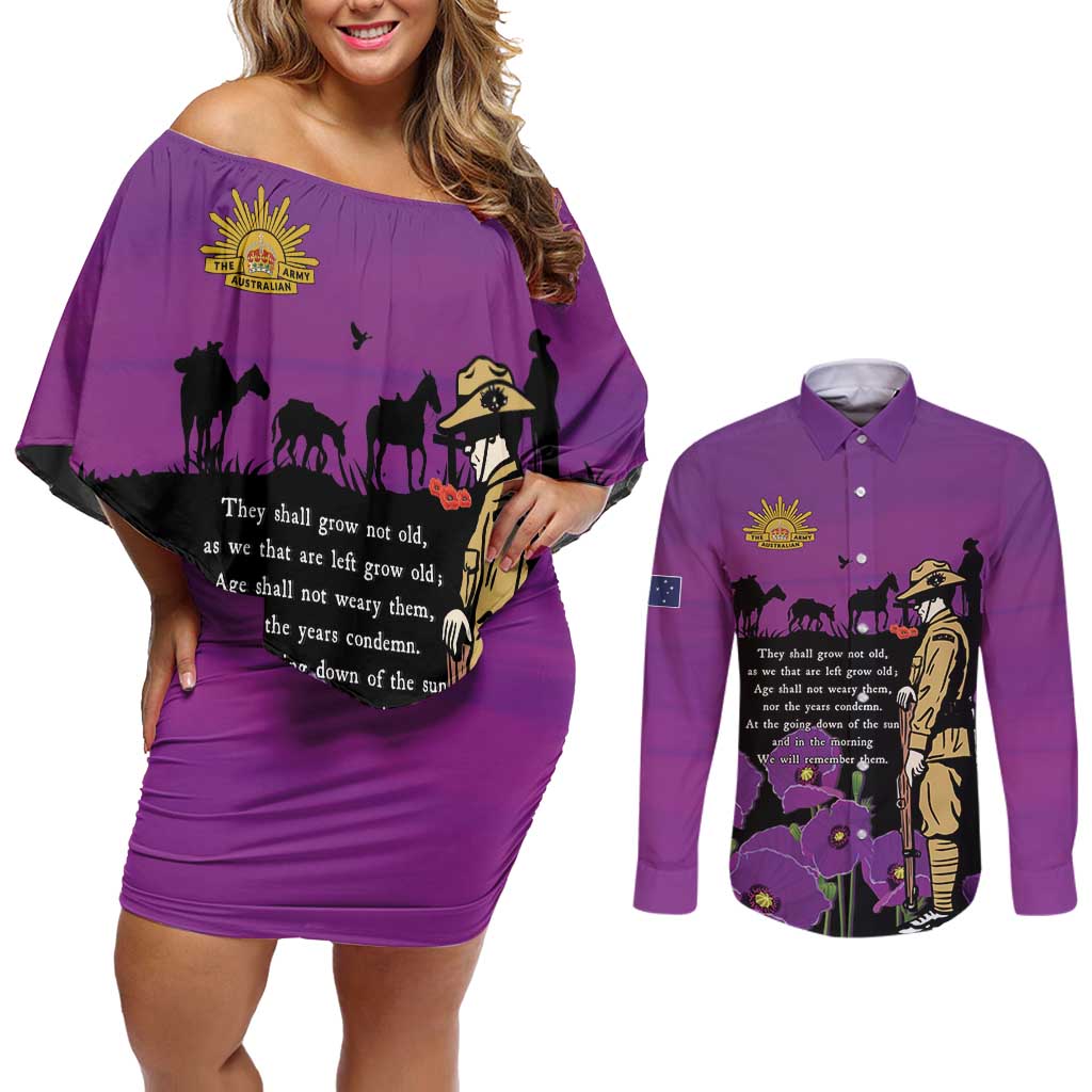 ANZAC Soldier and War Animals Couples Matching Off Shoulder Short Dress and Long Sleeve Button Shirt We Will Remember Them LT15 Purple - Polynesian Pride