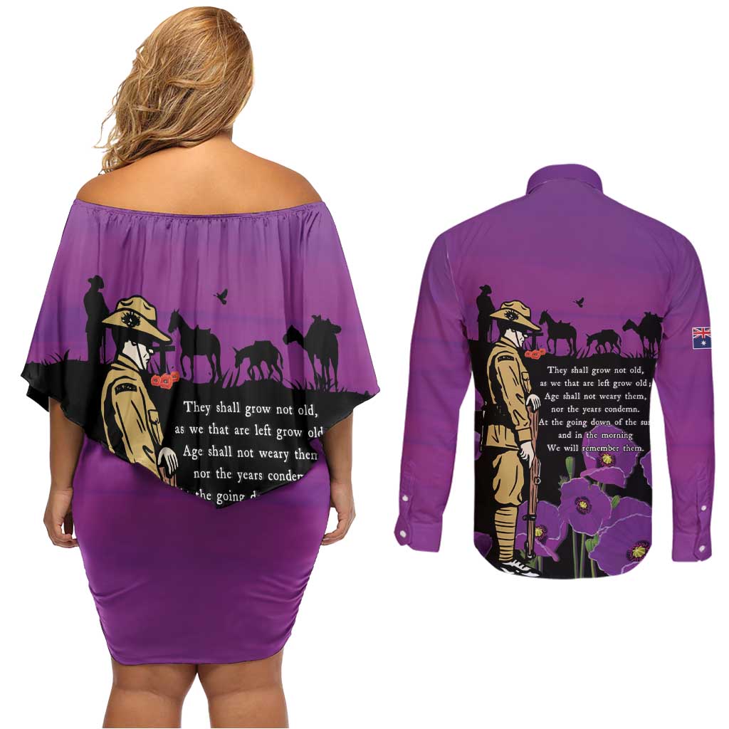 ANZAC Soldier and War Animals Couples Matching Off Shoulder Short Dress and Long Sleeve Button Shirt We Will Remember Them LT15 - Polynesian Pride