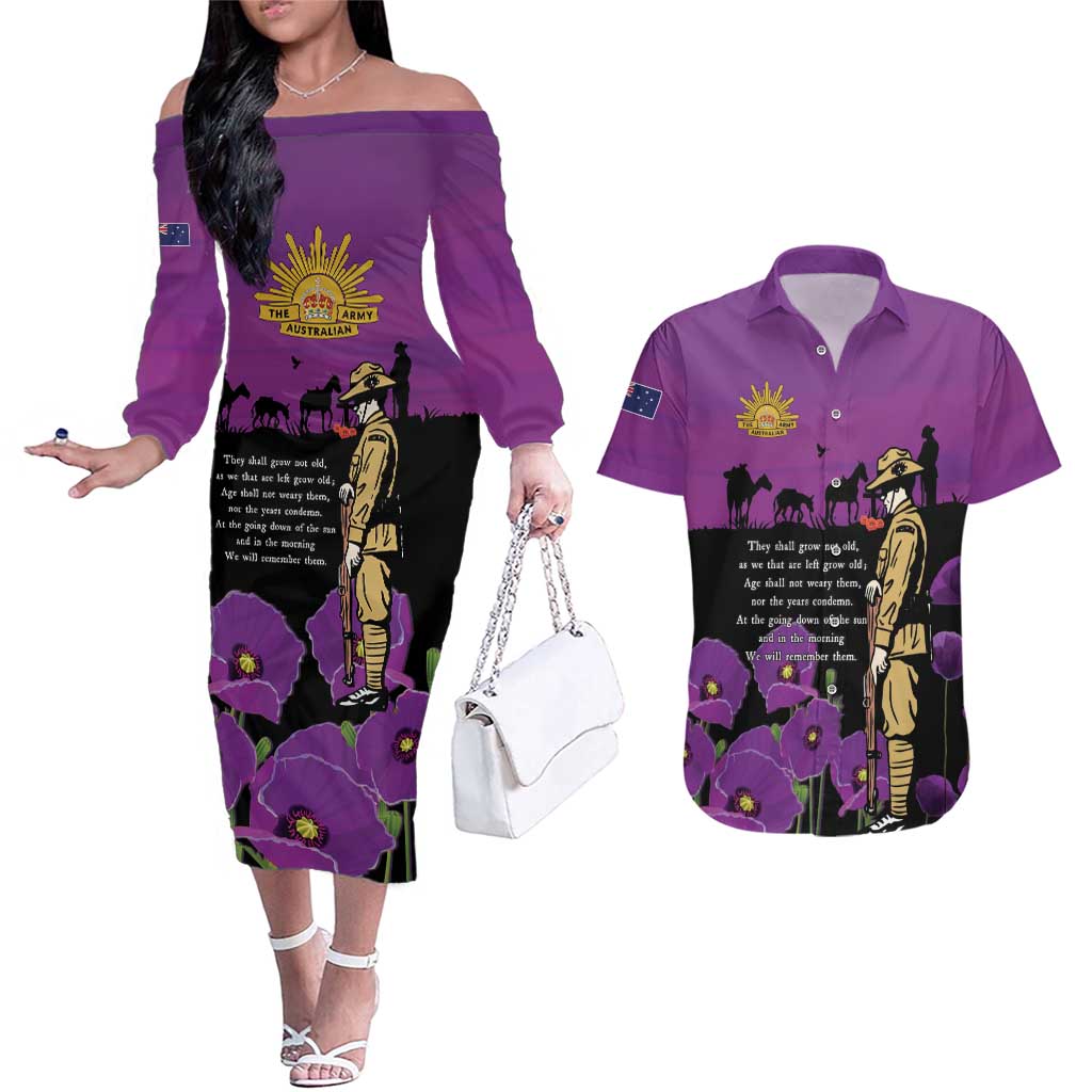 ANZAC Soldier and War Animals Couples Matching Off The Shoulder Long Sleeve Dress and Hawaiian Shirt We Will Remember Them LT15 Purple - Polynesian Pride