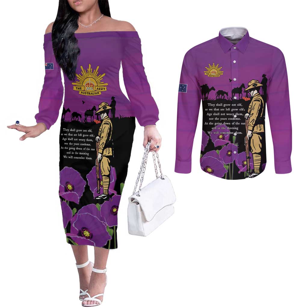 ANZAC Soldier and War Animals Couples Matching Off The Shoulder Long Sleeve Dress and Long Sleeve Button Shirt We Will Remember Them LT15 Purple - Polynesian Pride