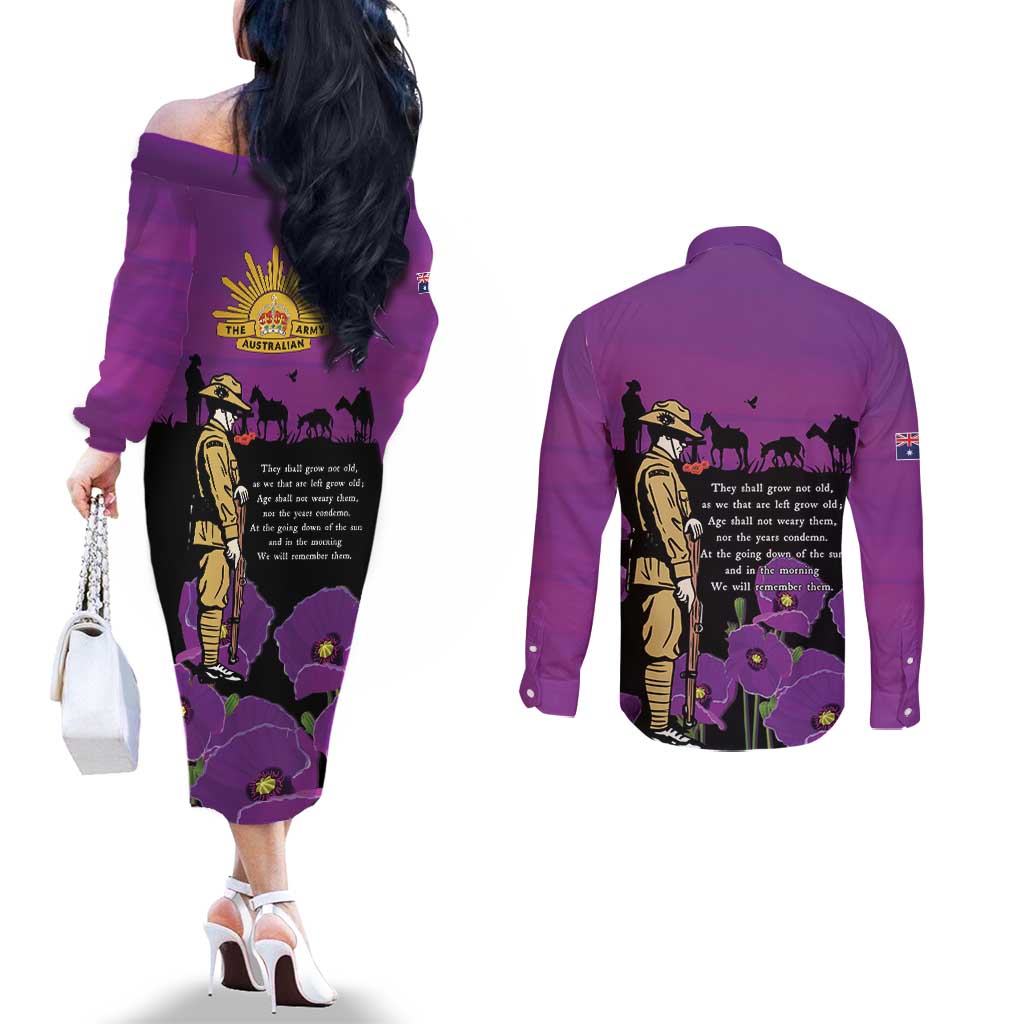 ANZAC Soldier and War Animals Couples Matching Off The Shoulder Long Sleeve Dress and Long Sleeve Button Shirt We Will Remember Them LT15 - Polynesian Pride