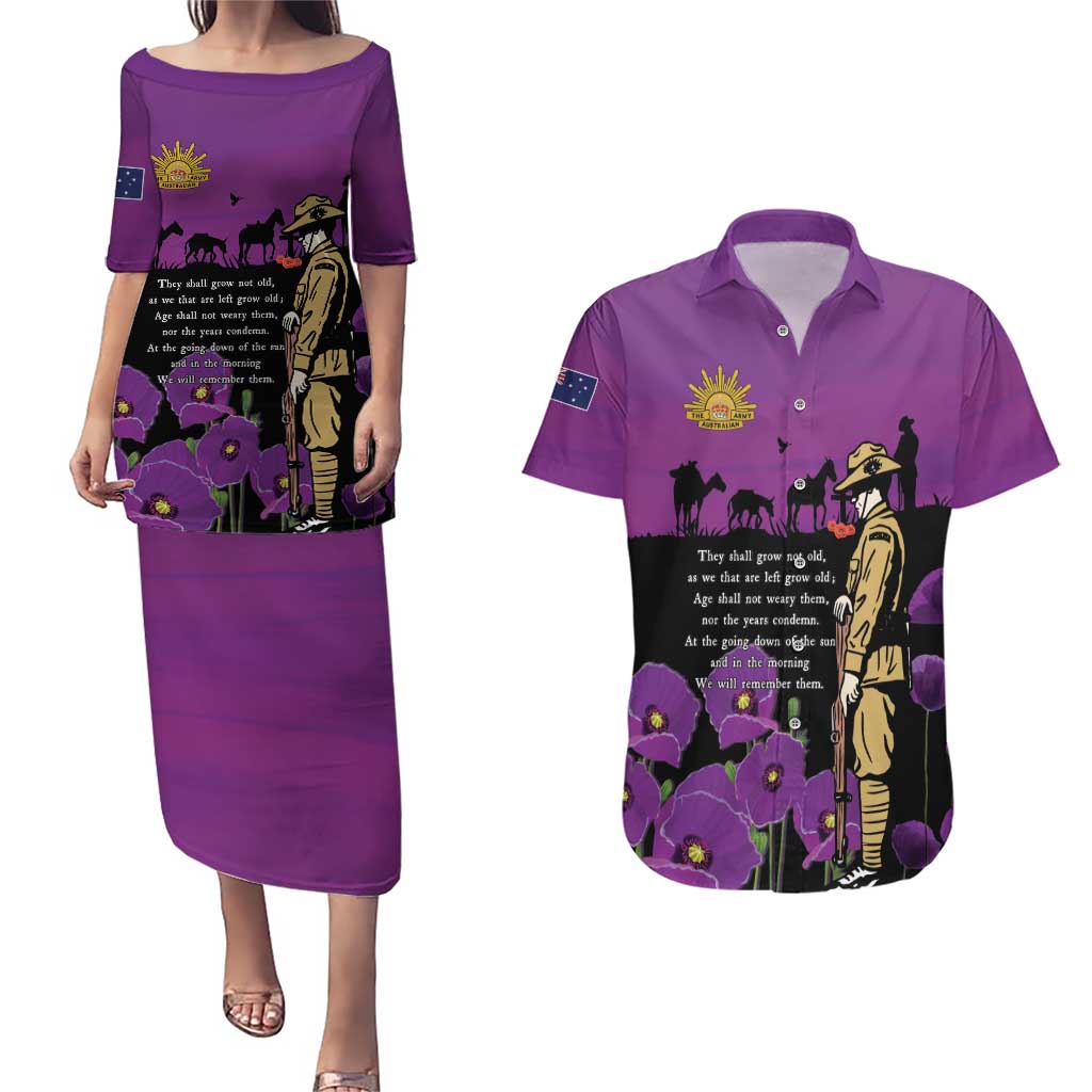 ANZAC Soldier and War Animals Couples Matching Puletasi and Hawaiian Shirt We Will Remember Them LT15 Purple - Polynesian Pride
