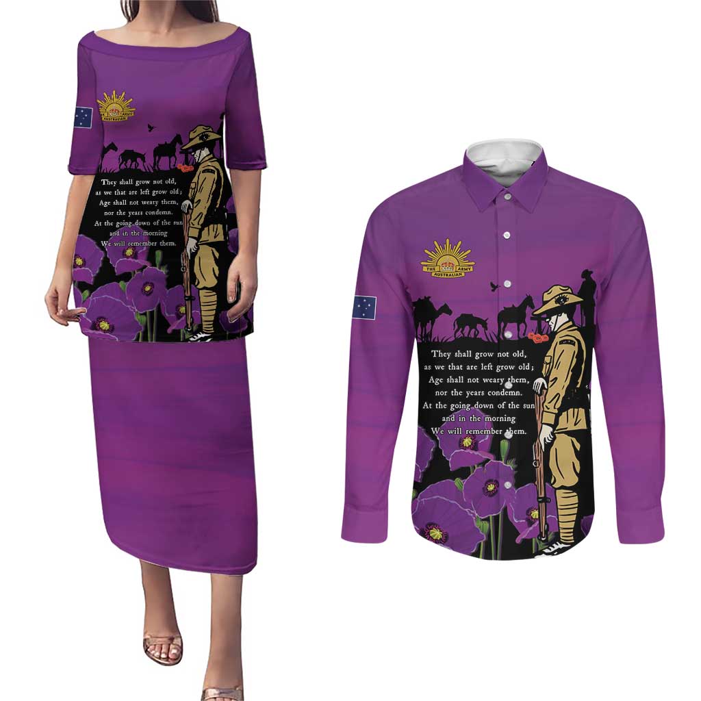 ANZAC Soldier and War Animals Couples Matching Puletasi and Long Sleeve Button Shirt We Will Remember Them LT15 Purple - Polynesian Pride