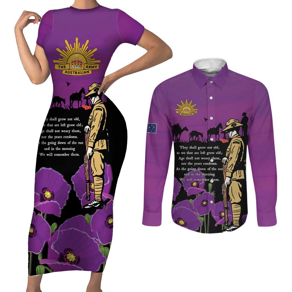 ANZAC Soldier and War Animals Couples Matching Short Sleeve Bodycon Dress and Long Sleeve Button Shirt We Will Remember Them LT15 Purple - Polynesian Pride