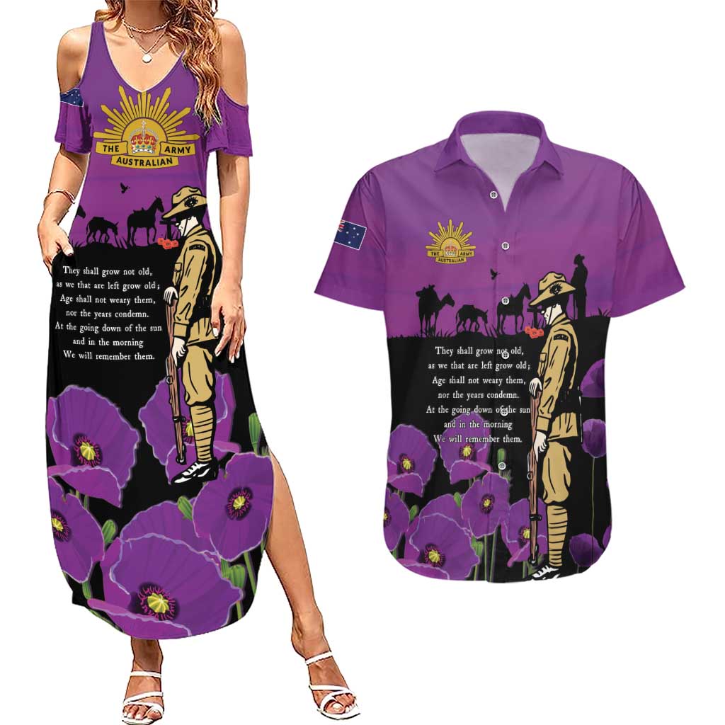 ANZAC Soldier and War Animals Couples Matching Summer Maxi Dress and Hawaiian Shirt We Will Remember Them LT15 Purple - Polynesian Pride