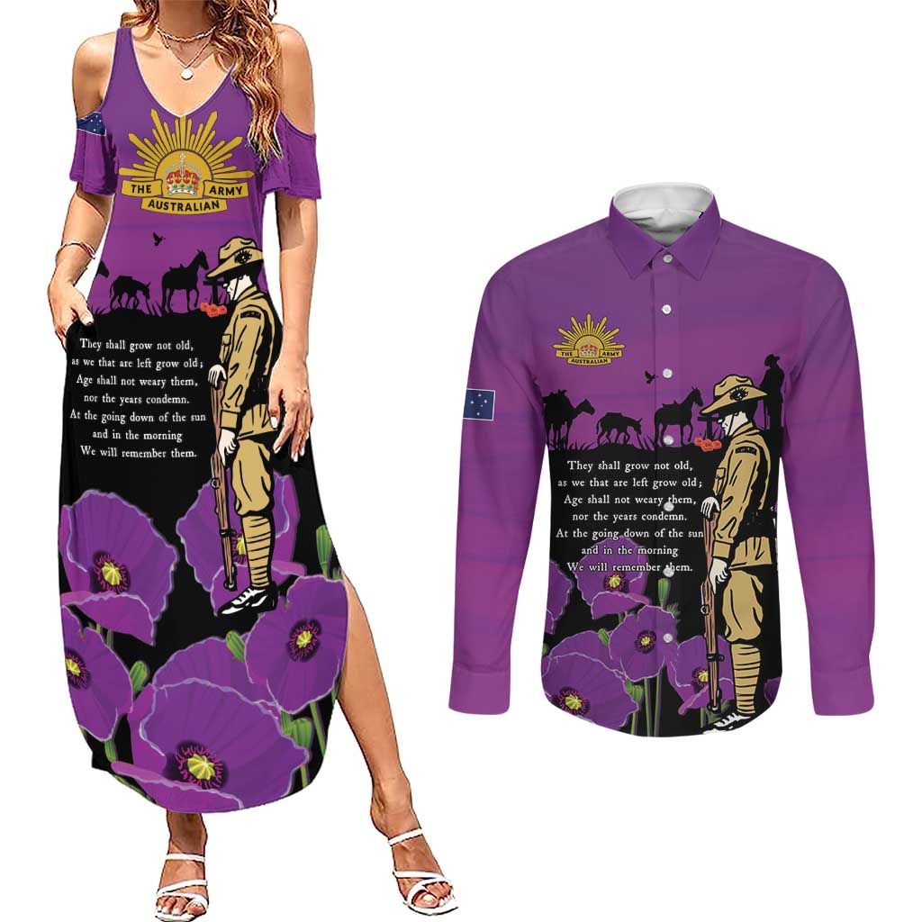 ANZAC Soldier and War Animals Couples Matching Summer Maxi Dress and Long Sleeve Button Shirt We Will Remember Them LT15 Purple - Polynesian Pride